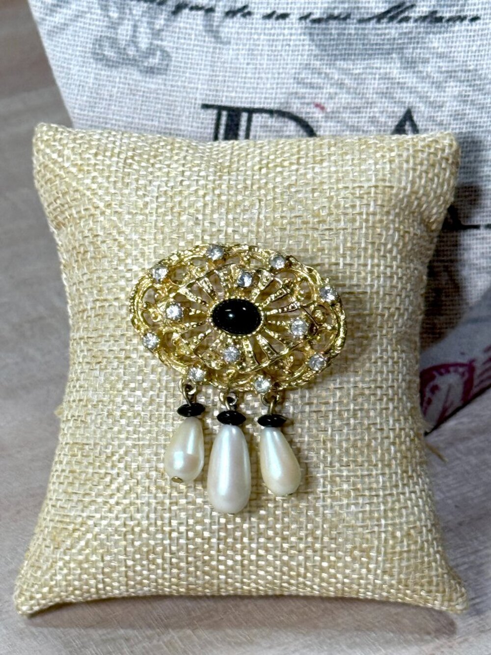 Vintage Gold Tone Filigree Brooch Faux Pearl Drops